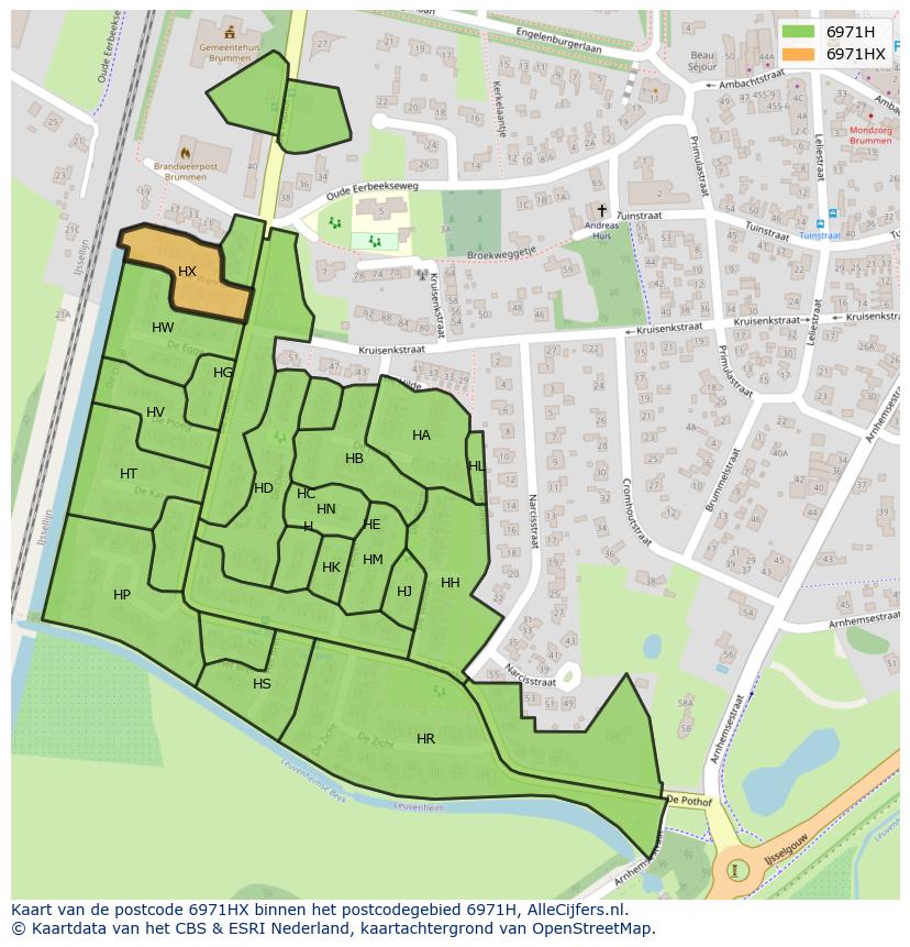 Afbeelding van het postcodegebied 6971 HX op de kaart.
