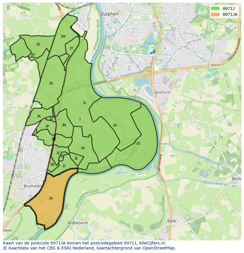 Afbeelding van het postcodegebied 6971 JA op de kaart.