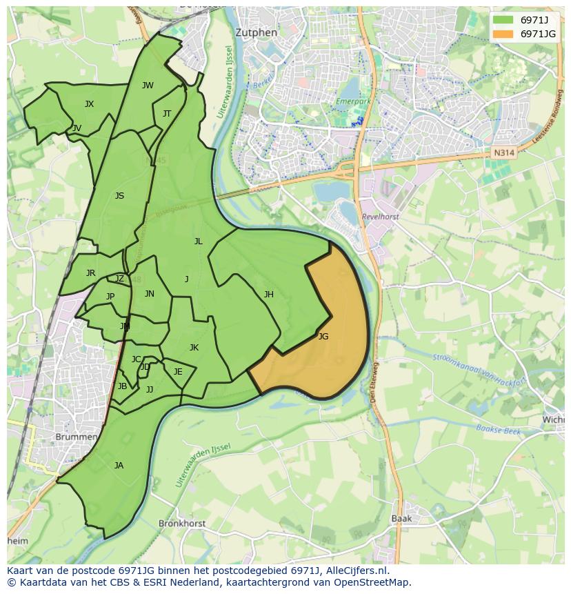 Afbeelding van het postcodegebied 6971 JG op de kaart.