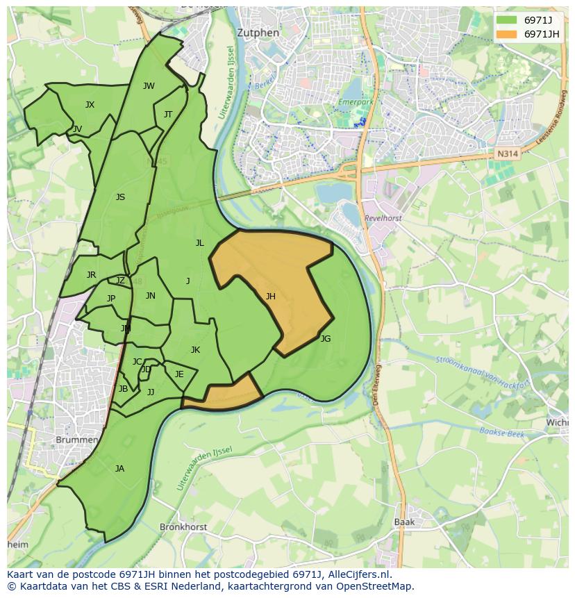 Afbeelding van het postcodegebied 6971 JH op de kaart.