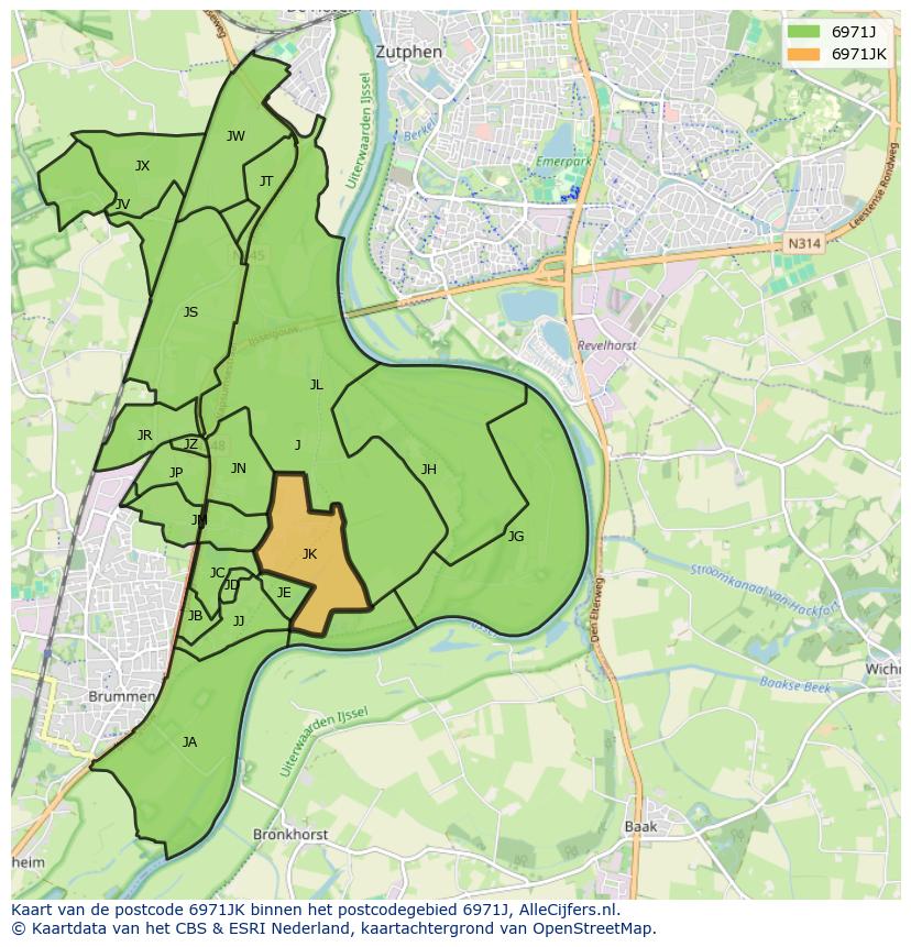 Afbeelding van het postcodegebied 6971 JK op de kaart.