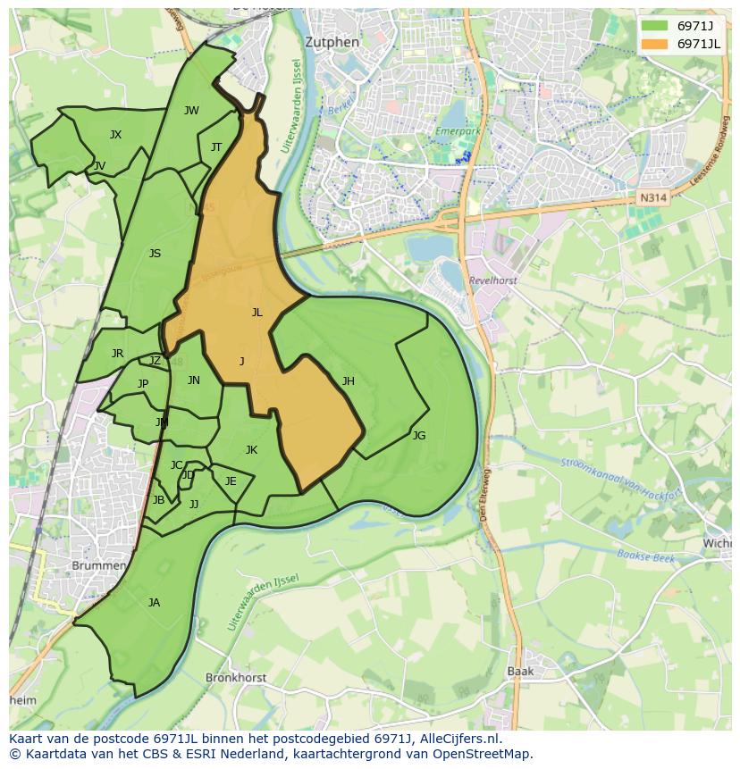 Afbeelding van het postcodegebied 6971 JL op de kaart.