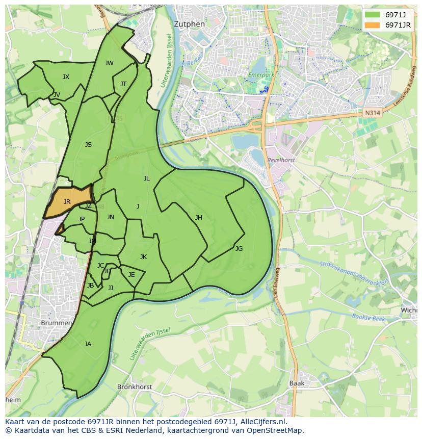 Afbeelding van het postcodegebied 6971 JR op de kaart.