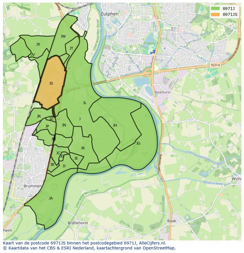 Afbeelding van het postcodegebied 6971 JS op de kaart.