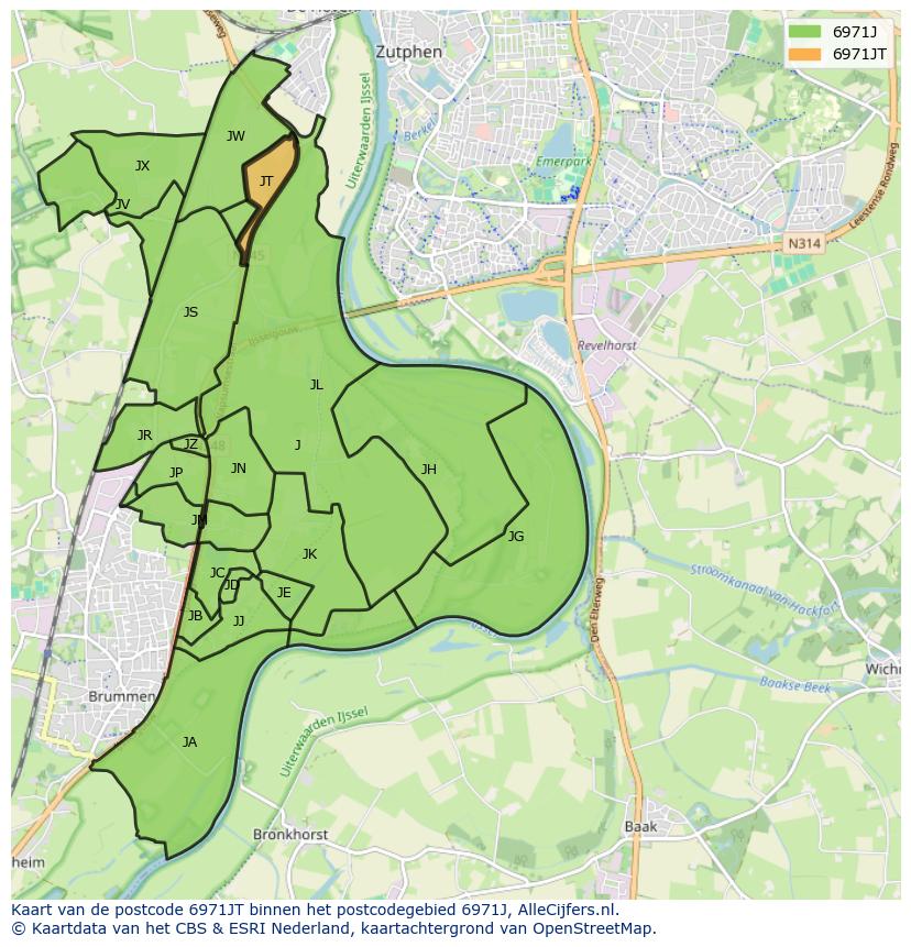 Afbeelding van het postcodegebied 6971 JT op de kaart.