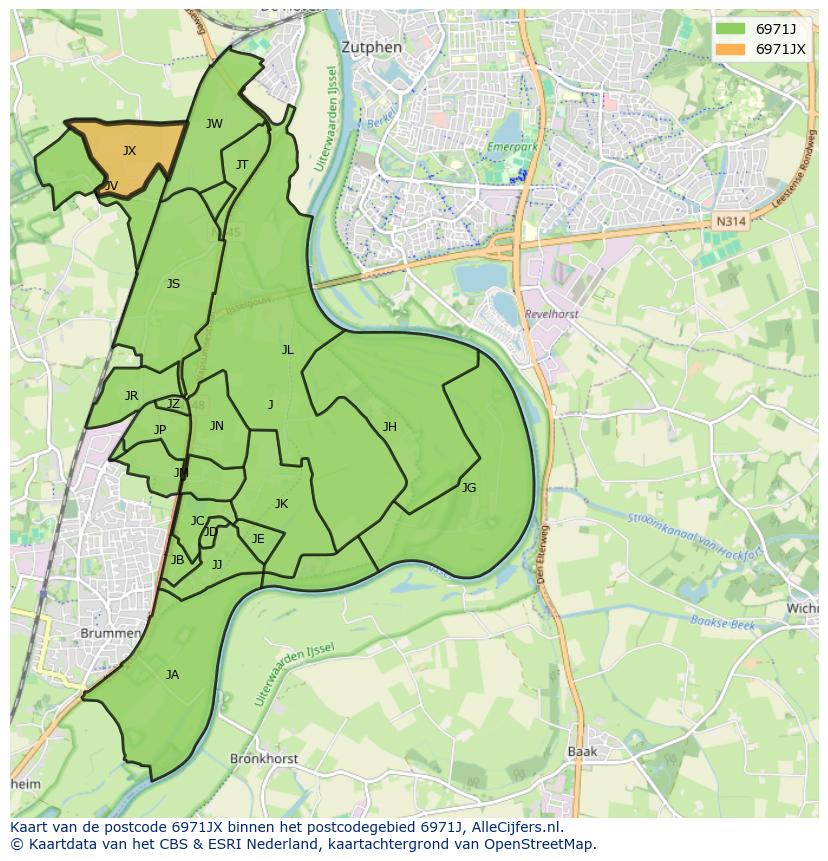 Afbeelding van het postcodegebied 6971 JX op de kaart.