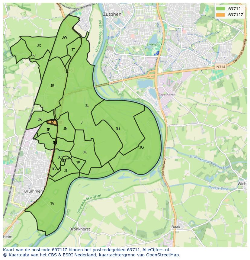 Afbeelding van het postcodegebied 6971 JZ op de kaart.