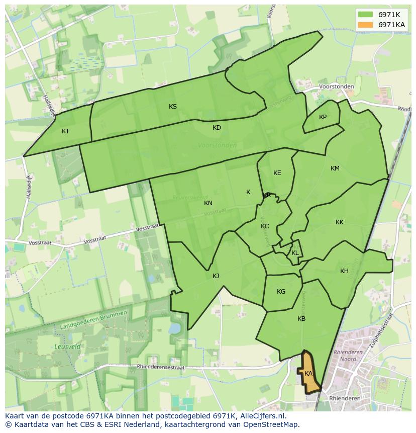 Afbeelding van het postcodegebied 6971 KA op de kaart.
