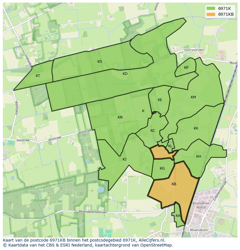 Afbeelding van het postcodegebied 6971 KB op de kaart.
