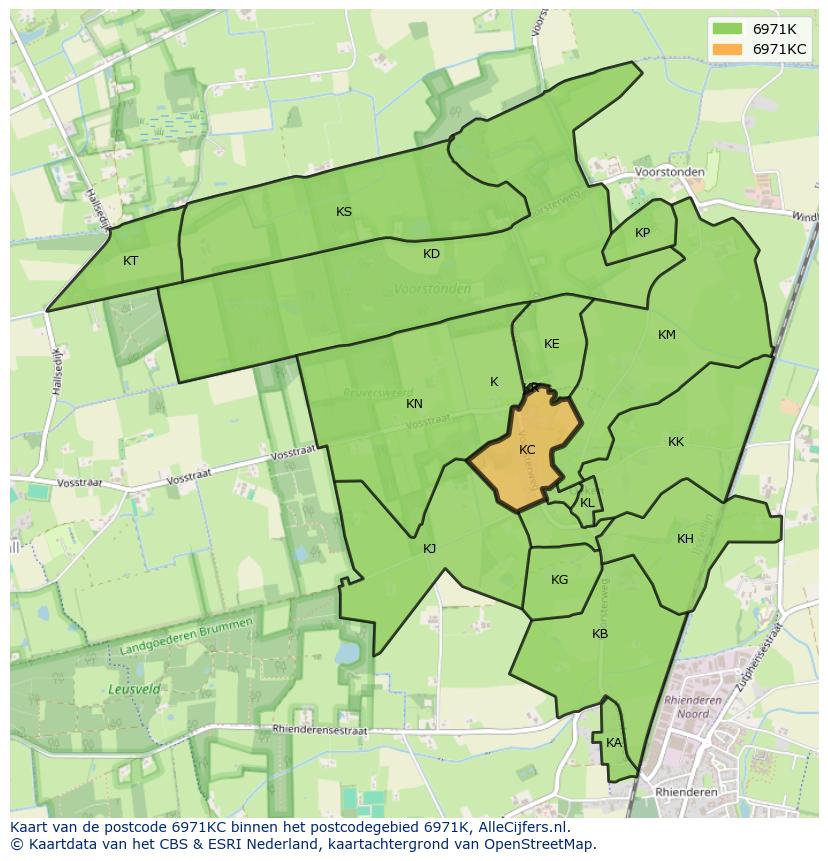 Afbeelding van het postcodegebied 6971 KC op de kaart.
