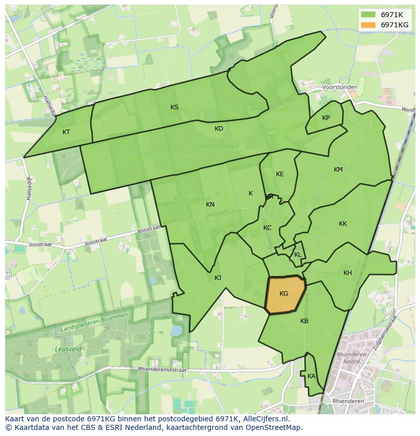 Afbeelding van het postcodegebied 6971 KG op de kaart.