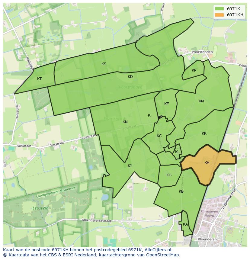 Afbeelding van het postcodegebied 6971 KH op de kaart.