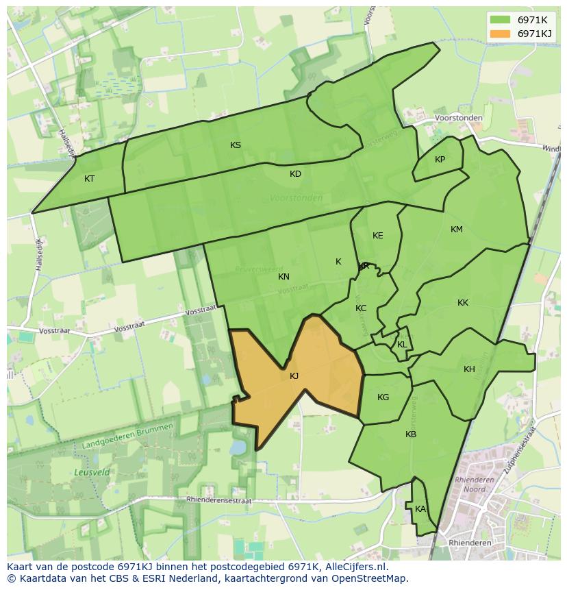 Afbeelding van het postcodegebied 6971 KJ op de kaart.