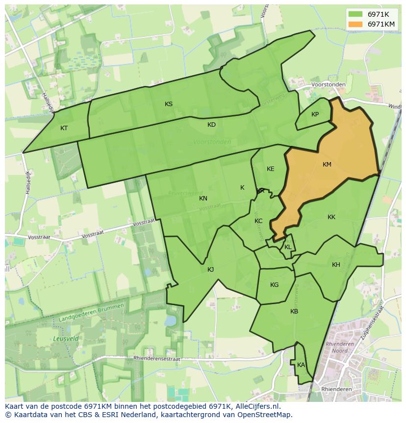 Afbeelding van het postcodegebied 6971 KM op de kaart.