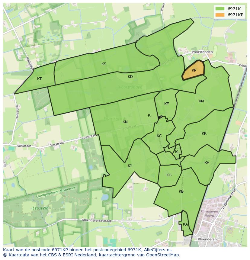 Afbeelding van het postcodegebied 6971 KP op de kaart.