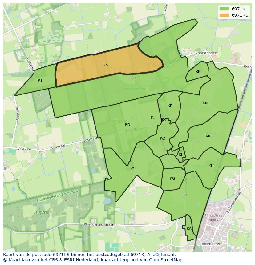 Afbeelding van het postcodegebied 6971 KS op de kaart.