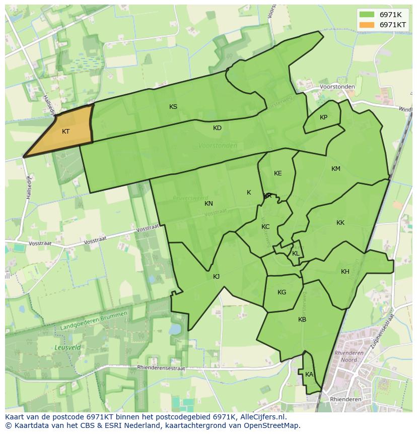 Afbeelding van het postcodegebied 6971 KT op de kaart.