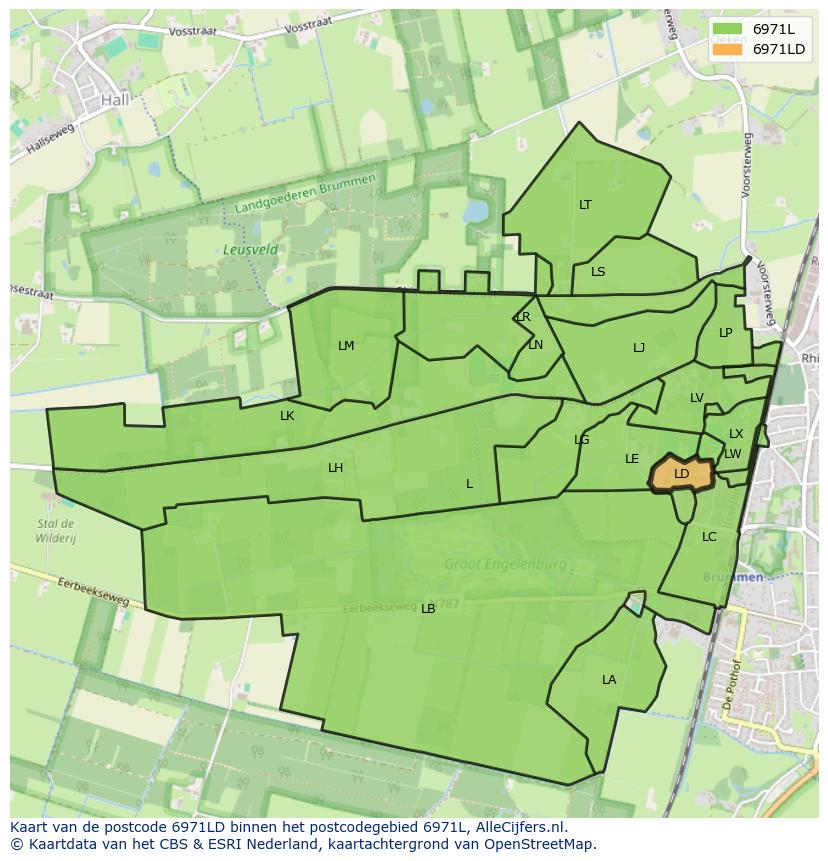 Afbeelding van het postcodegebied 6971 LD op de kaart.