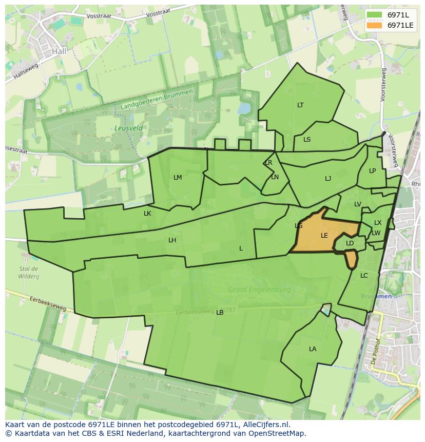 Afbeelding van het postcodegebied 6971 LE op de kaart.