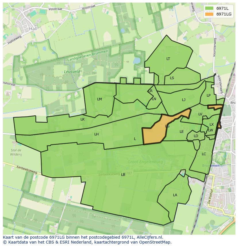 Afbeelding van het postcodegebied 6971 LG op de kaart.