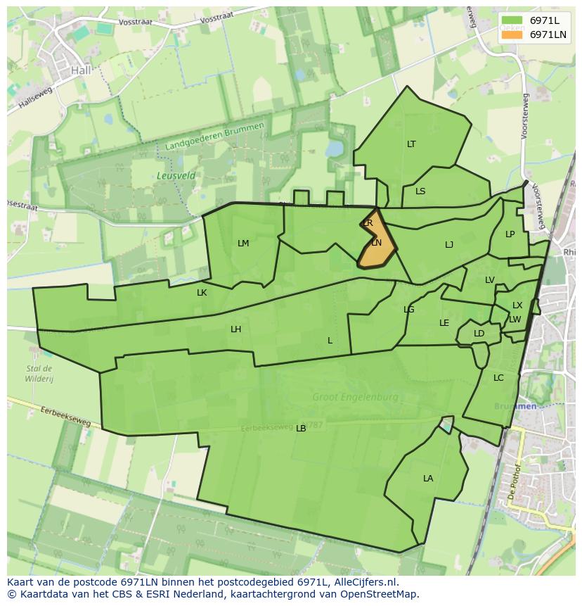 Afbeelding van het postcodegebied 6971 LN op de kaart.