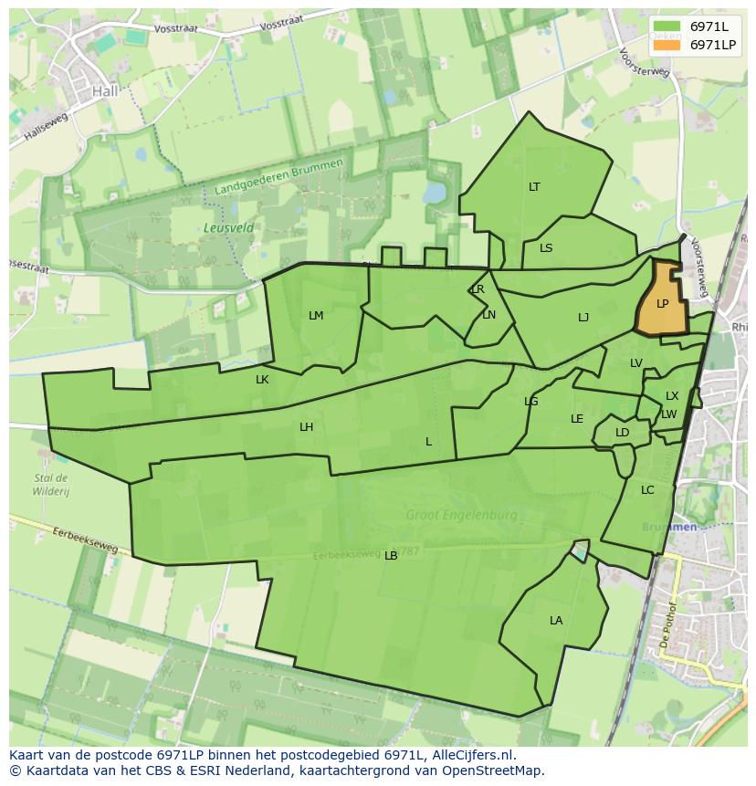 Afbeelding van het postcodegebied 6971 LP op de kaart.