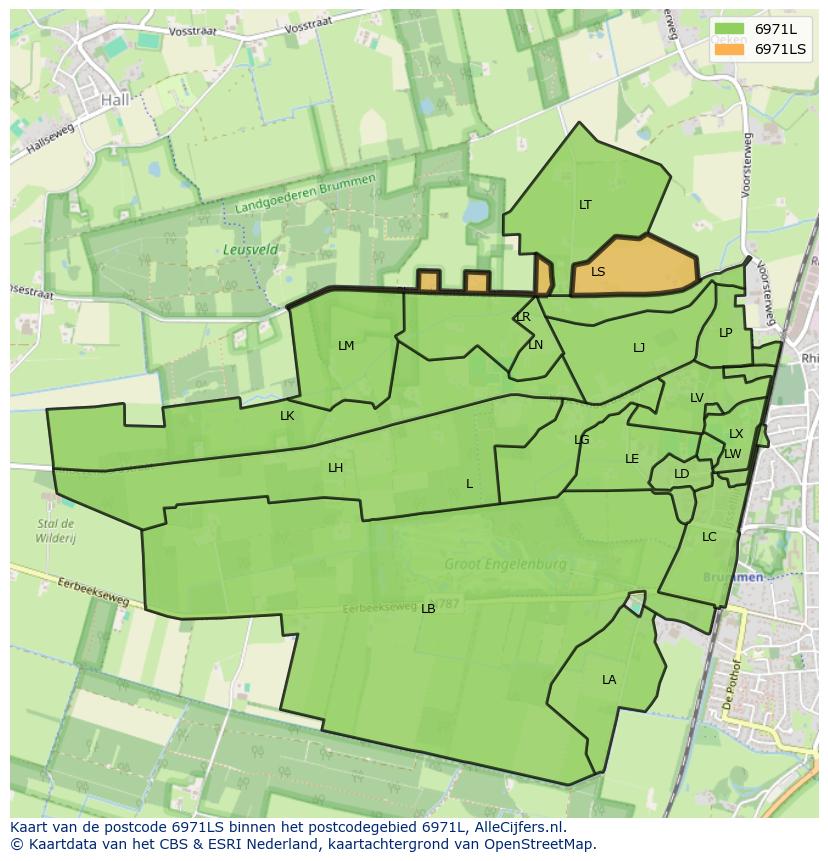 Afbeelding van het postcodegebied 6971 LS op de kaart.