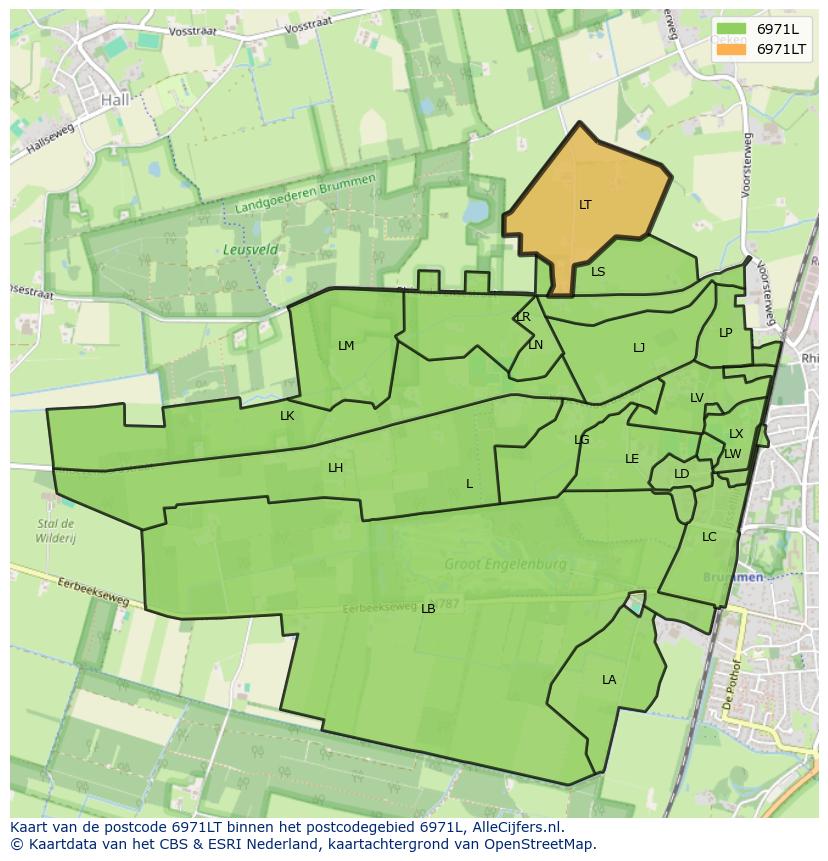 Afbeelding van het postcodegebied 6971 LT op de kaart.