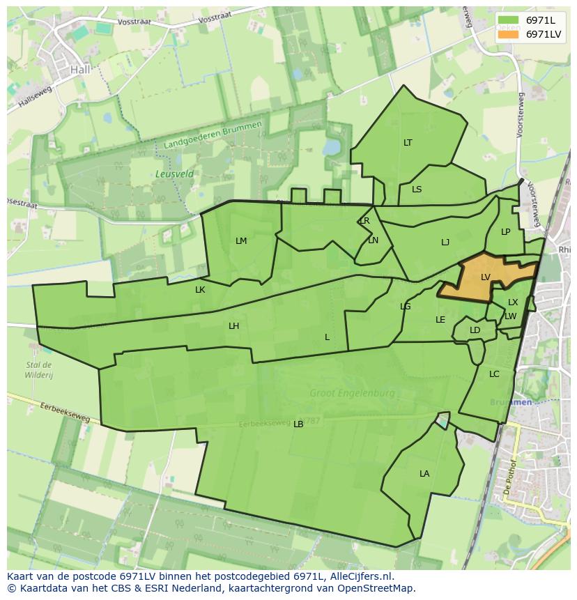 Afbeelding van het postcodegebied 6971 LV op de kaart.