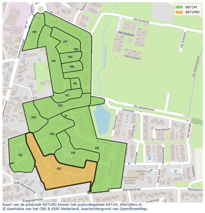 Afbeelding van het postcodegebied 6971 MD op de kaart.