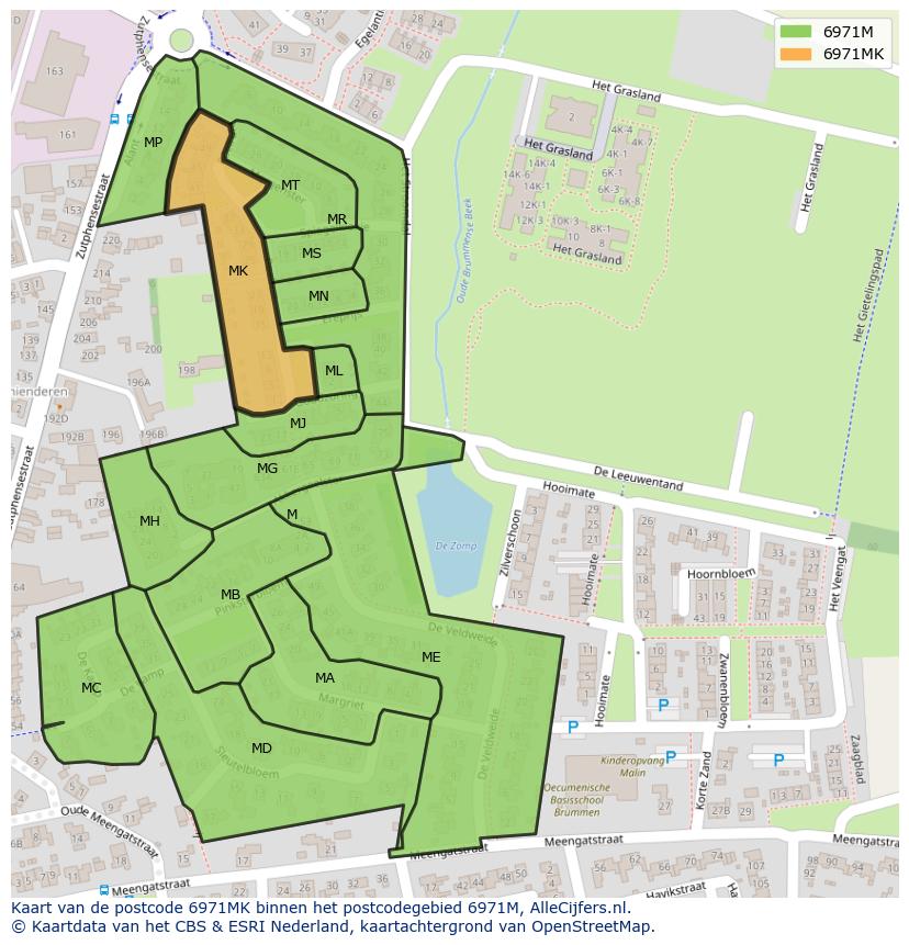 Afbeelding van het postcodegebied 6971 MK op de kaart.