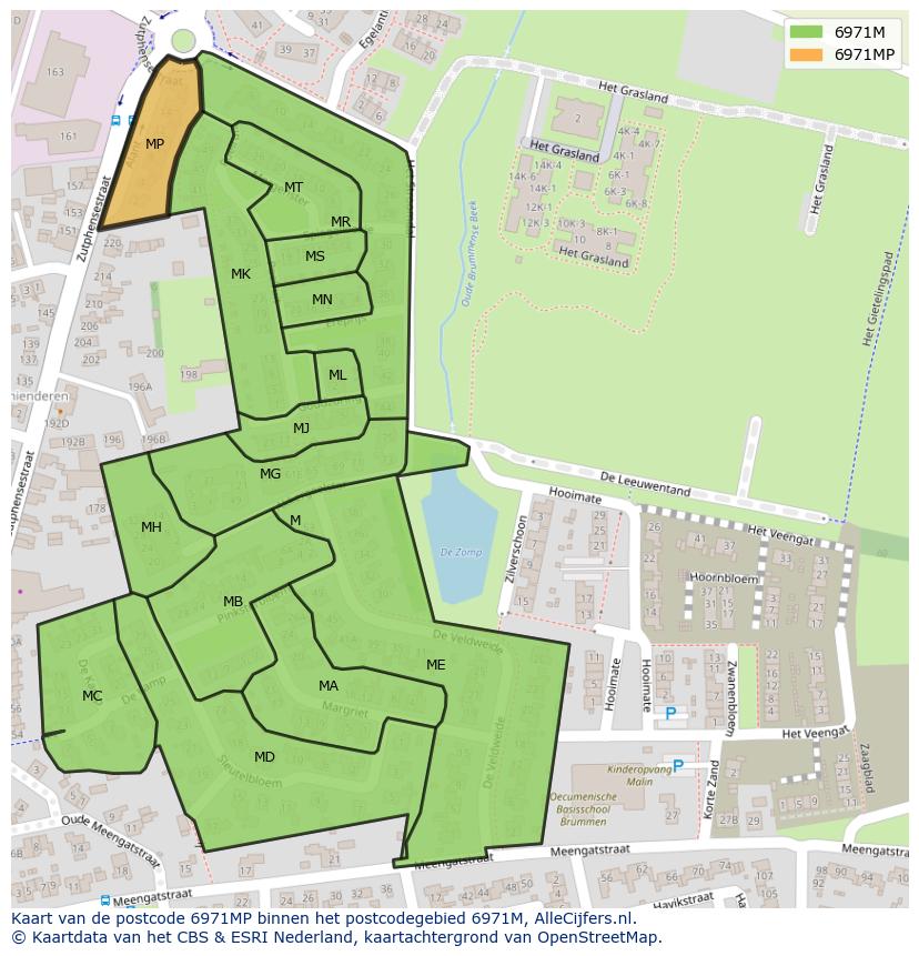 Afbeelding van het postcodegebied 6971 MP op de kaart.