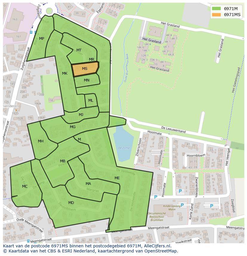 Afbeelding van het postcodegebied 6971 MS op de kaart.