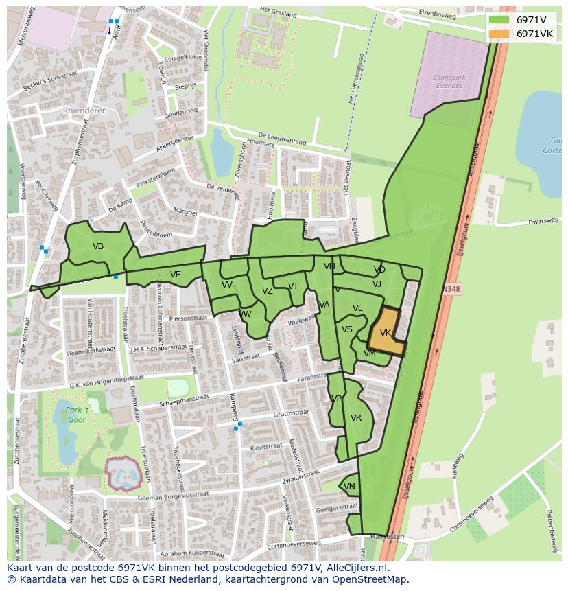 Afbeelding van het postcodegebied 6971 VK op de kaart.