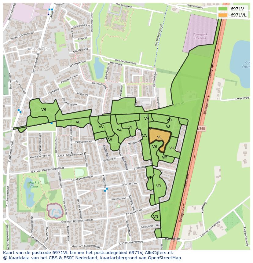 Afbeelding van het postcodegebied 6971 VL op de kaart.