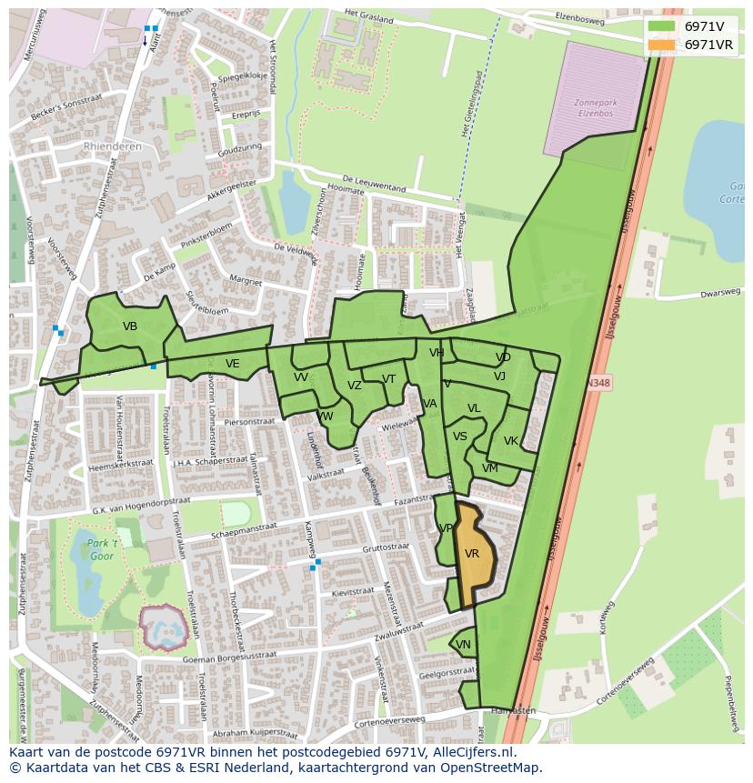 Afbeelding van het postcodegebied 6971 VR op de kaart.