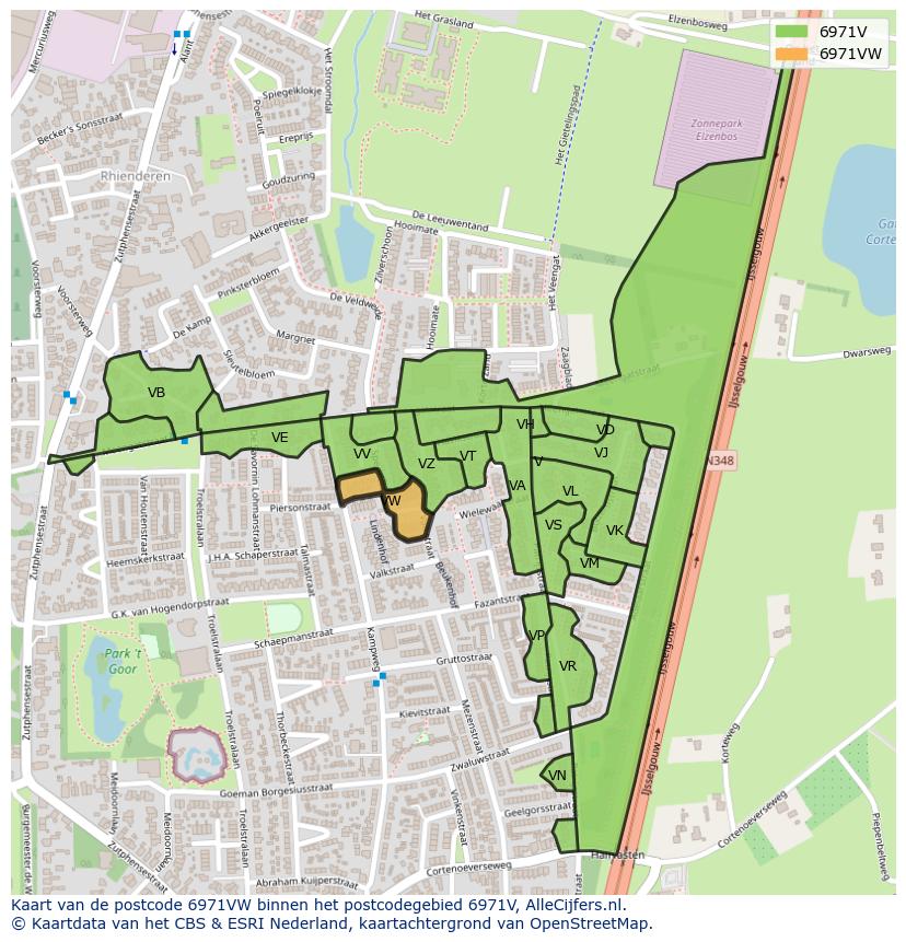 Afbeelding van het postcodegebied 6971 VW op de kaart.