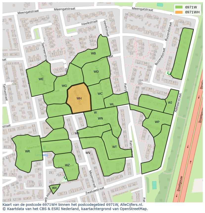 Afbeelding van het postcodegebied 6971 WH op de kaart.