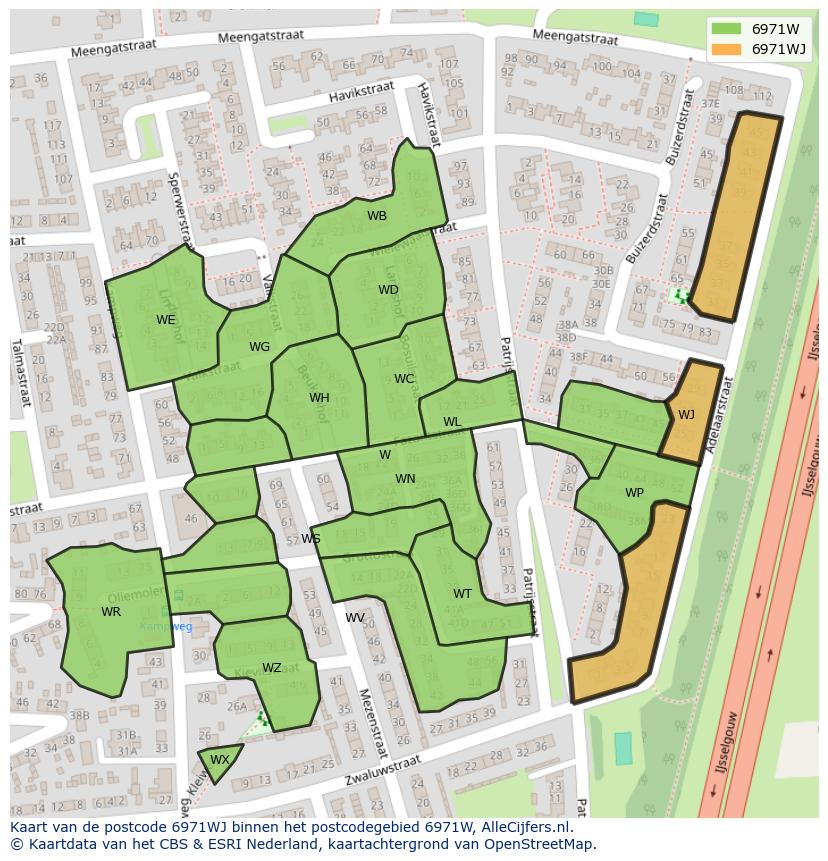 Afbeelding van het postcodegebied 6971 WJ op de kaart.