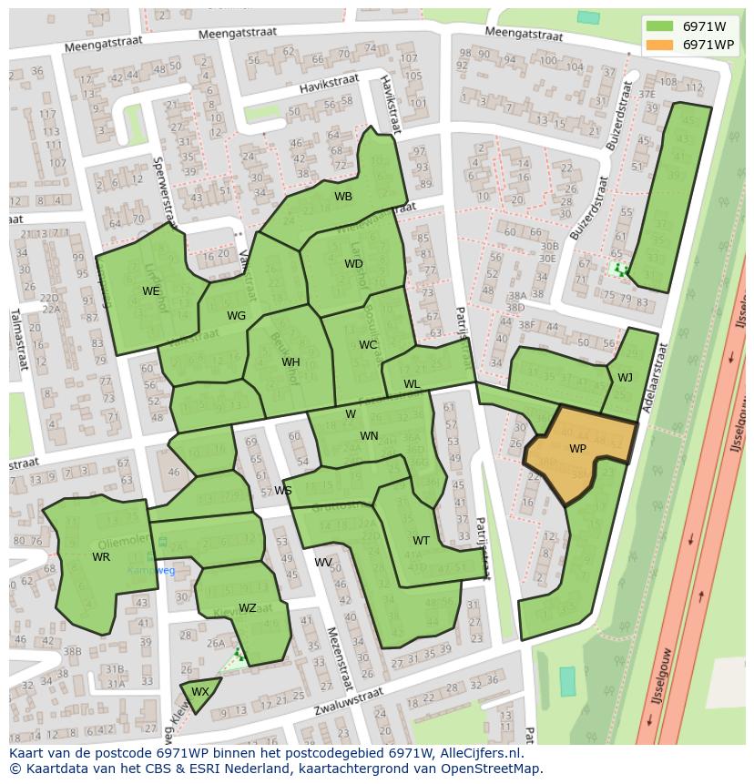 Afbeelding van het postcodegebied 6971 WP op de kaart.