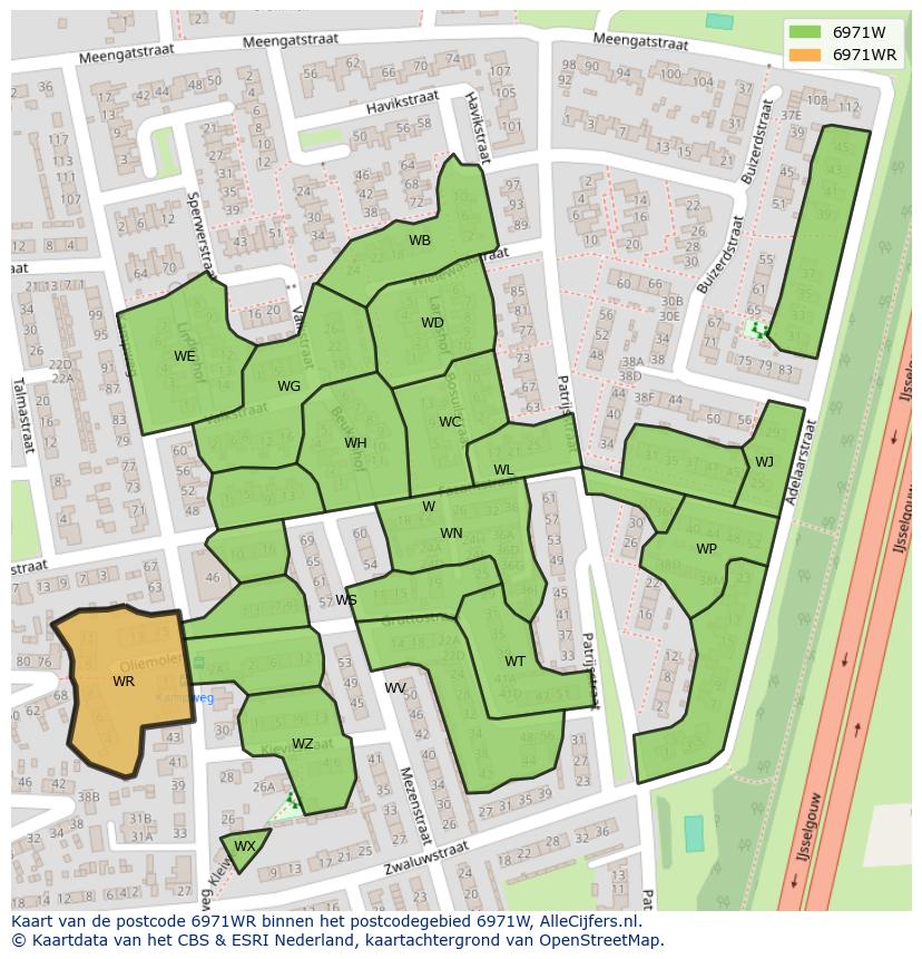 Afbeelding van het postcodegebied 6971 WR op de kaart.