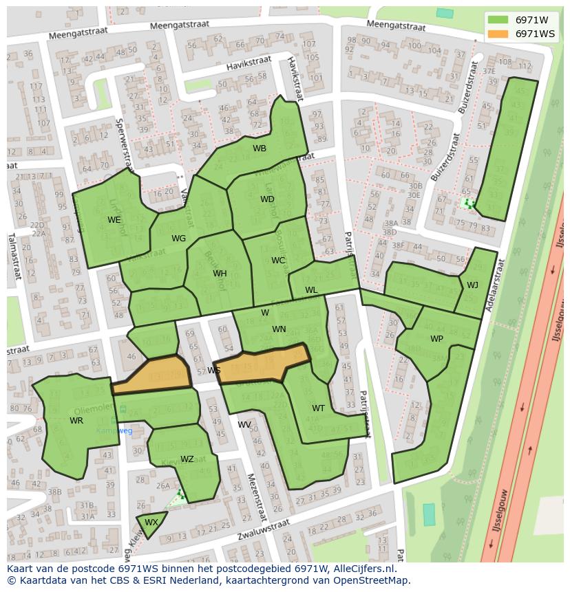 Afbeelding van het postcodegebied 6971 WS op de kaart.