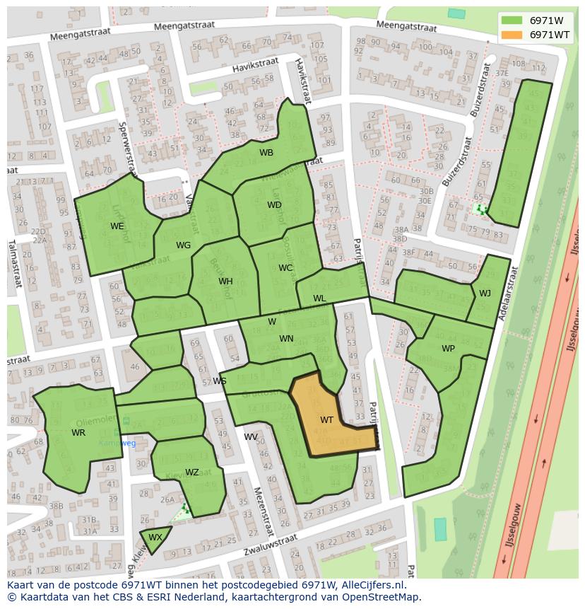 Afbeelding van het postcodegebied 6971 WT op de kaart.