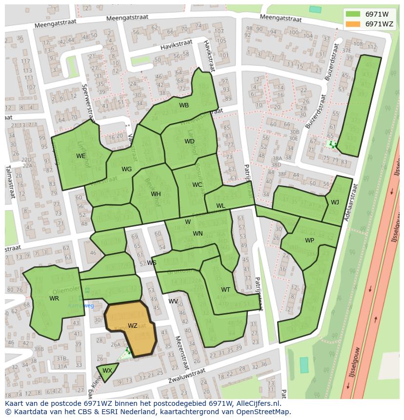 Afbeelding van het postcodegebied 6971 WZ op de kaart.