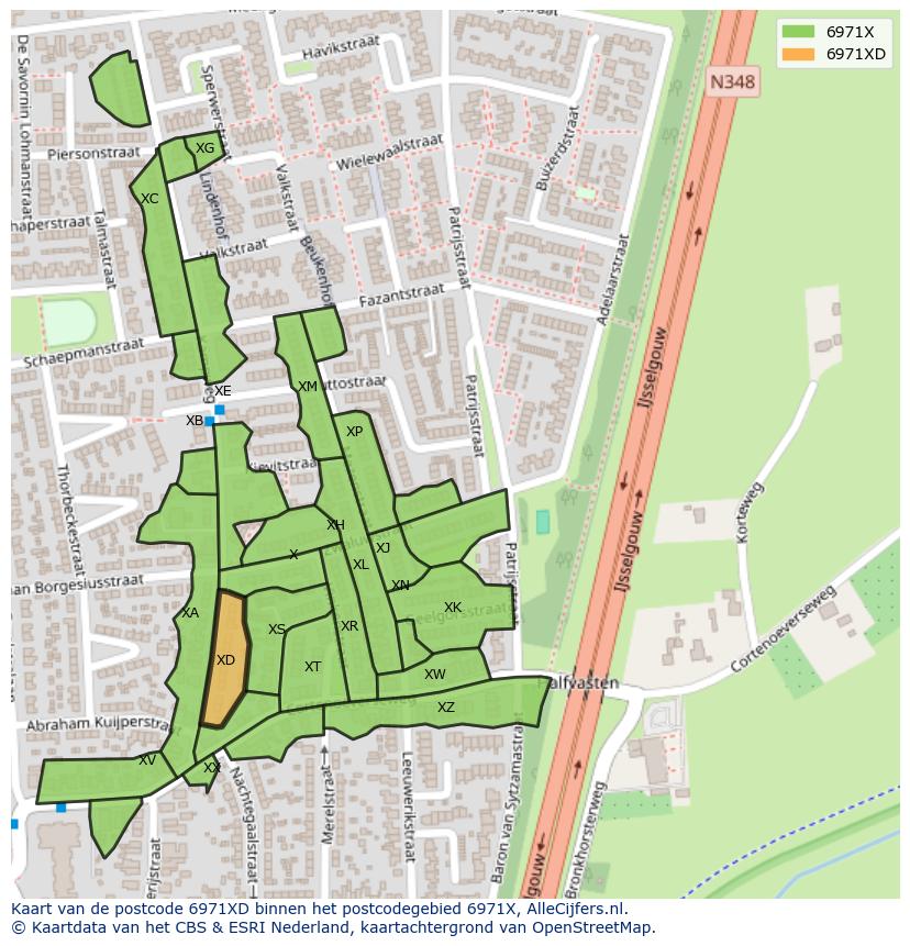 Afbeelding van het postcodegebied 6971 XD op de kaart.