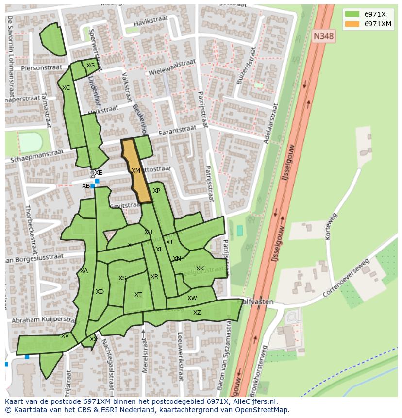 Afbeelding van het postcodegebied 6971 XM op de kaart.