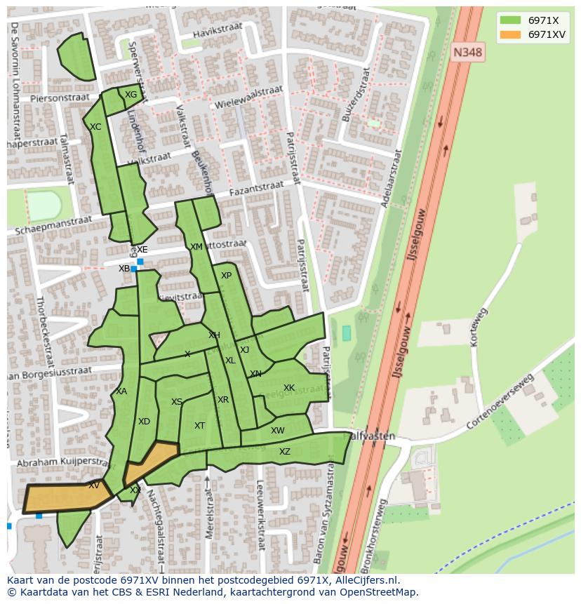 Afbeelding van het postcodegebied 6971 XV op de kaart.