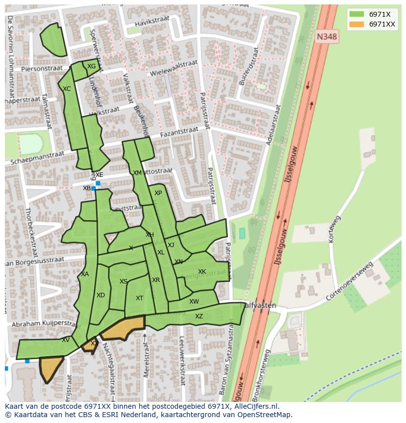 Afbeelding van het postcodegebied 6971 XX op de kaart.