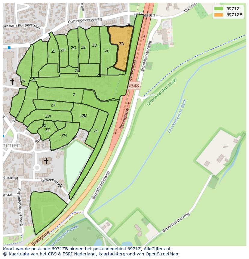 Afbeelding van het postcodegebied 6971 ZB op de kaart.