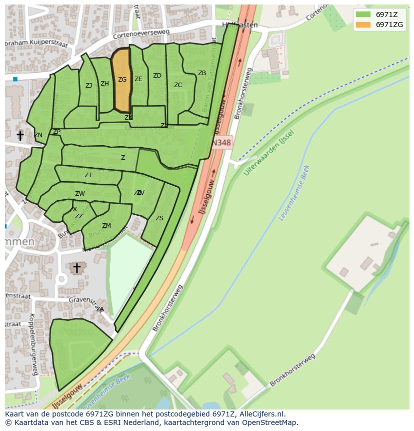 Afbeelding van het postcodegebied 6971 ZG op de kaart.